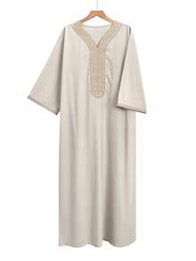 Men's Embroidered Robe, Moroccan Thobe, Solid Color Thawb, Men's Linen Pullover Gandoura, Traditional Arabic Men's Gandoura Thobe With Pockets - Apricot - View 2