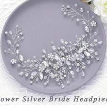 1pc Fashionable Crystal Flower Crown, Handmade Alloy Rhinestone & Pearl Princess Tiara Headband, Suitable For Birthday, Wedding, Party Occasions - Silver - View 5