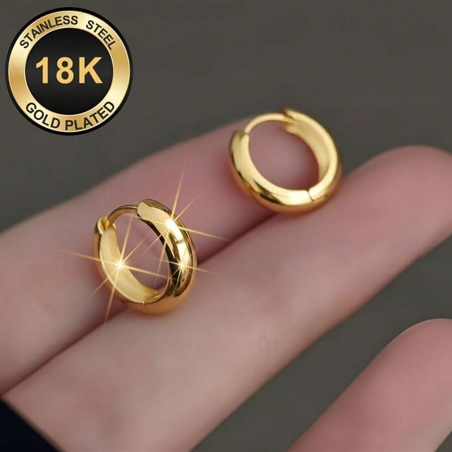 Bông tai thép không gỉ mạ vàng 18K | 14mm, ít gây dị ứng, 83.48g, chống mài mòn, chống phai màu, thiết kế tối giản cổ điển, trang sức unisex phù hợp cho hàng ngày, ngày lễ, kỳ nghỉ, tiệc tùng.