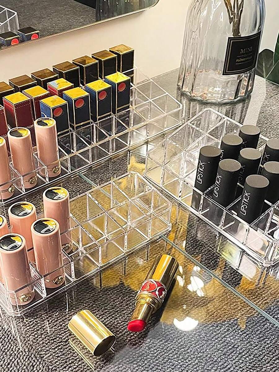 1pc Acrylic Slot Lipstick Holder, Lipstick Storage Box, Lip Gloss Storage Box, Makeup Display Rack, Perfect Storage Solution For Drawer, Vanity, Bathroom, Lipstick Display Rack, Small Nail Polish Lipstick Holder, Transparent Cosmetic Desktop Storage Box, Sample Rack, Fashion Multi-Grid Lipstick Box, Desktop Transparent Cosmetic Storage Box - Multicolor - View 1