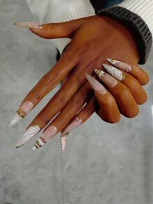 10pcs Y2K Nails Stiletto Press On Nails Set - Handcrafted, White Nails, Pink Nails, White French Tip Nails, Handmade 3D Gold Ring And 3D Rhinestone Ring Nails Art, Hand Drawn White Lace And Gold Pattern Design, Sparkling Gold Rhinestone Decoration, Delicate Graceful Nails Handmade Press On Nails - 彩色 - 查看 4