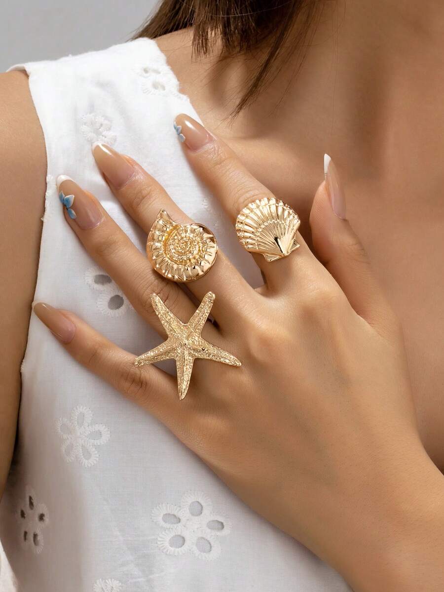 3件套夏季波西米亚风海洋生物海星戒指套装，适合海滩度假、旅行，波西米亚风格配饰 - 金色 - 查看 1
