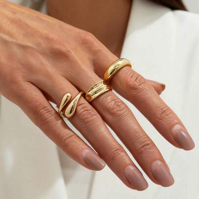 S SHOPBOHO 3件套极简金属褶皱开口戒指套装，光滑水滴形贴合戒指，适合日常佩戴