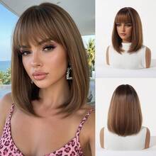12 Inch Machine Made Heat Resistant Synthetic Wig With Bangs, Light Brown Highlight Layered Bob Wig For Daily Wear & Party Looks - Brown - View 12