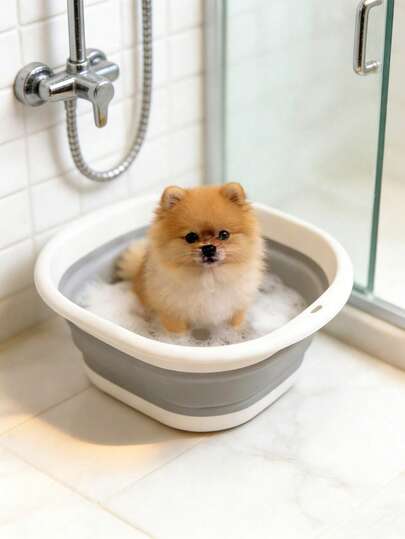 宠物洗澡盆，可折叠清洗收纳盆，塑料材质，多功能，旅行居家两用，适用于小型犬、猫咪和幼犬，便携方便，可折叠塑料宠物洗澡盆，适用于小型犬、猫咪和幼犬