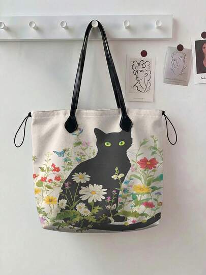 Bolso de mano tipo tote con estampado de gato y bolsa de cosméticos, adecuado para compras, viajes y playa, regalo ideal, bolso de mujer de gran capacidad