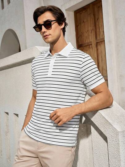 Mercer Haus 男士条纹领 Polo 衫一件装，短袖，1/4 纽扣开襟，透气凉爽面料，商务高尔夫、休闲、运动、户外高尔夫、旅行、度假、聚会皆宜，适合夏季热带假期在夏威夷穿着。