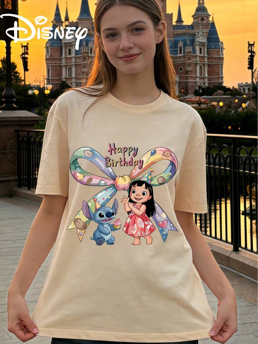 Disney StarCraft Baby Lilo And Stitch Birthday Party Printed Loose Short Sleeve T-Shirt Women's Casual Top - Apricot - View 1