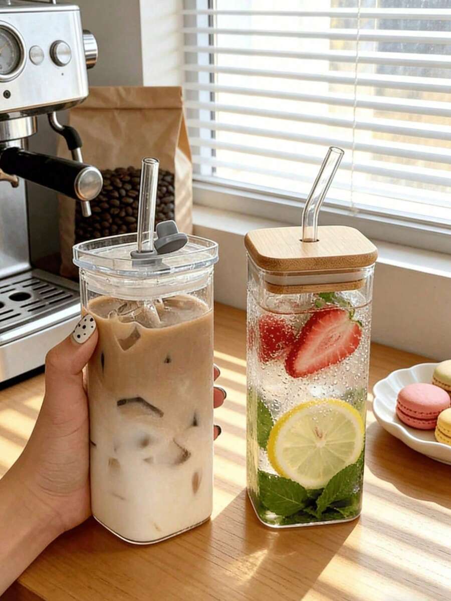 1个400毫升方形耐热玻璃杯，带盖和吸管，透明饮水杯，适用于茶、果汁，家庭酒吧、办公室、学校用品，新年、情人节、母亲节、父亲节、夏季、毕业季、返校季礼物 - 彩色 - 查看 1