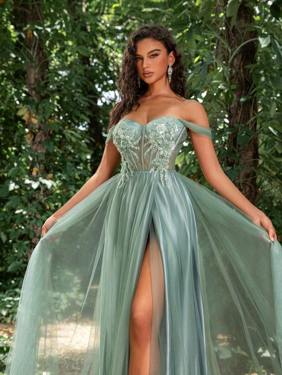 Faeriesty 华丽露肩网纱晚礼服，高开衩设计，饰以花卉图案和透视网纱 | 适合浪漫婚礼、派对之夜和时尚鸡尾酒会等场合的奢华正式礼服，春日度假必备 - 綠色 - 查看 1