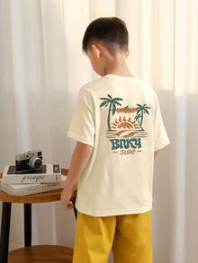 Tween Boys Casual Printed Crew Neck Short Sleeve T-Shirt, Summer Top - Apricot - View 2
