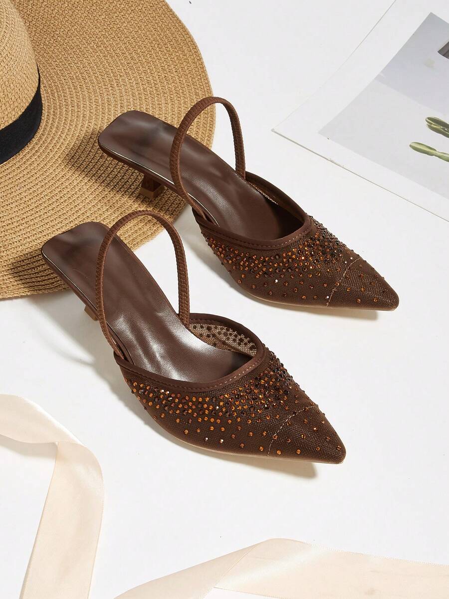 Giày sandal đế thấp nữ đính đá lấp lánh, mũi nhọn, kiểu dáng slip-on, thời trang, thanh lịch, thích hợp cho các bữa tiệc và các dịp trang trọng. - màu nâu - Xem 1