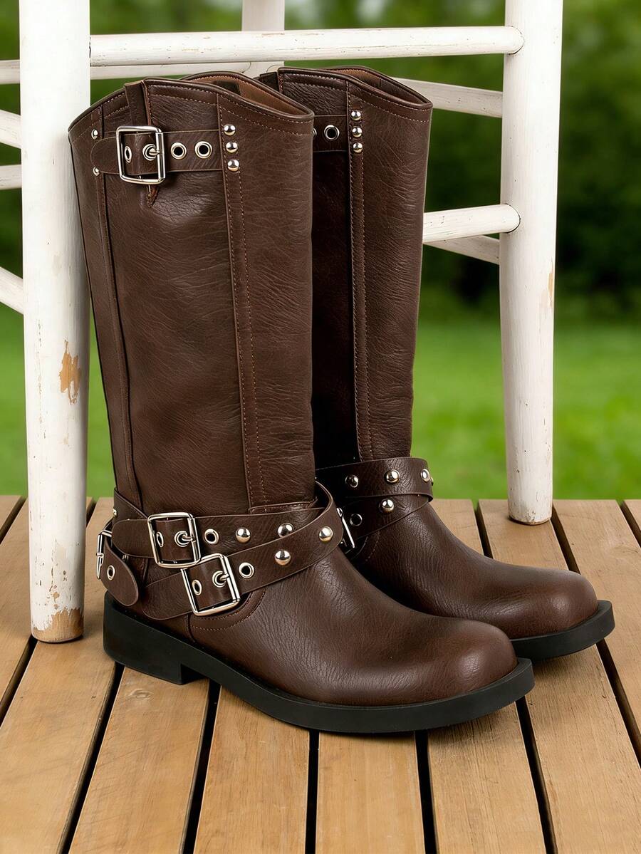 Women's Mid Calf Boots Y2K Rivets Round Toe Chunky Heel Cowboy Boots Vintage Buckle Design Block Heel Boots Women - 棕色 - 查看 1
