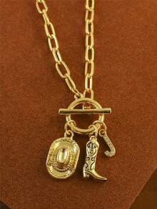 1pc Retro Classic Letter Western Cowboy Hat Pendant, With Gold Stainless Steel Paperclip Chain, Women Necklace - Yellow Gold - View 29