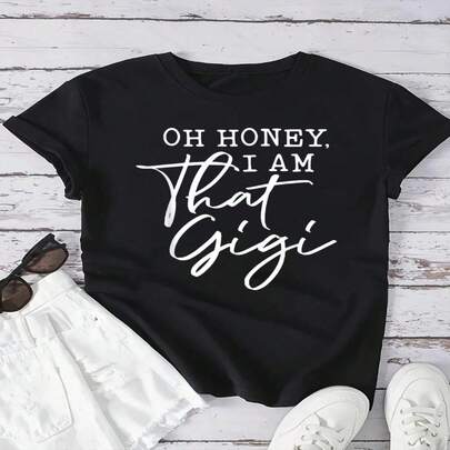 Wo's Oh Honey I Am That Casual Black T-Shirt With Round Neck And Regular Short Sves Knitted Fabric Medm Stretch