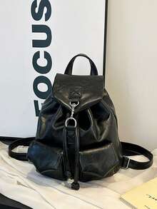 1 pieza Mochila de mujer con solapa con cordón y patrón de rombos de PU, adecuada para uso diario, viajes, regalo de vacaciones, ir y venir - Multicolor - Ver 9