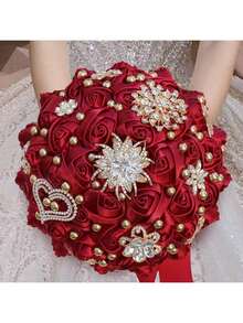 1 Bouquet Elegant High-End Luxury Bridal Wedding Heart Butterfly Pearl Bouquet, Large Gold Crystal Satin Ribbon Rose, Burgundy Fabric Everlasting Flower, Artificial Fabric Rose Bouquet W1207 - Burgundy - View 12