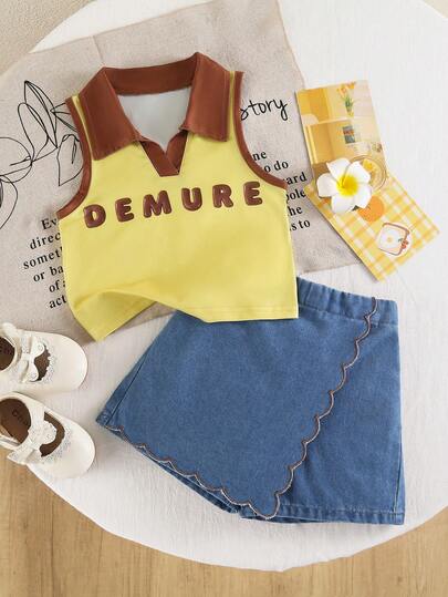 2pcs/Set Young Girls' Outdoor Casual Summer New Contrast Color Collar Print Vest And Fashionable Denim Skort Set