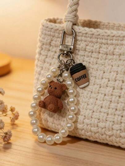 1 pieza Llavero colgante de oso de peluche de café con colgante de perla, colgante de oso kawaii con diseño de grano de café y chocolate, accesorio de moda para bolso, llavero, pendiente de auriculares o decoración de funda de teléfono, regalo diario para San Valentín, Navidad, cumpleaños