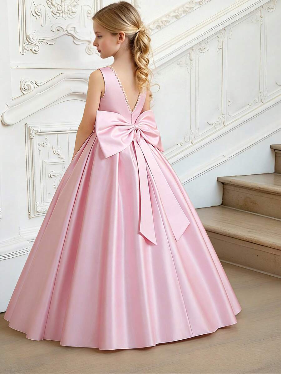 少女圆领珍珠串珠蝴蝶结露背优雅奢华花童礼服,适合钢琴演奏会、正式派对、学校活动、生日等场合,不含头饰 - 粉色 - 查看 1