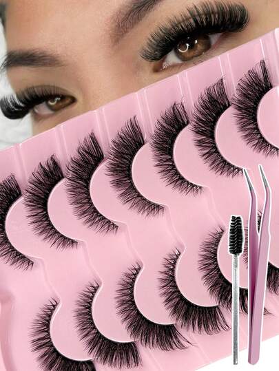 7 par naturliga fluffiga lösögonfransar inkluderar pincett och ögonfransborste. Lämpliga för nybörjare och enkla att bära. En dramatisk avlång ögonmakeup med böjda, smala och naturligt utseende yttre hörn. Perfekt för skönhetsälskare.