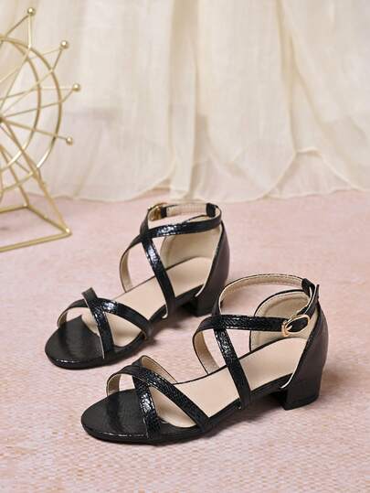 1 Pair New Girls' PU Black Shiny Criss-Cross Strap Ankle Strap High Heel Sandals, Suitable For Spring/Summer, Dresses, Stage, Wedding, Festivals And Daily Wear