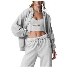 Alo Yoga Women's Accolade Full Zip Hoodie | Premium Heavyweight French Terry Fleece Sweatshirt | Luxury Soft Oversized Hooded Jacket | Classic Athletic Streetwear Zip-Up Outerwear | Urban Fashion Loose Fit Casual Gym Hoodie With Chrome Logo - Light Grey - View 3