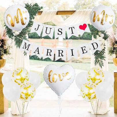 14pcs Wedding Party Balloon Set, Includes Wedding Pull Flags, Heart Foil Balloons, 18" "Mr." And "Mrs." Foil Balloons, Latex Balloons, Suitable For Wedding Party Decoration, Anniversary