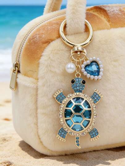 Sea Turtle Charm Keychain With Pearl & Heart Design, Ocean-Inspired Zinc Alloy Keyring For Men & Women, Ideal For Valentine's Day, Mother's Day, Father's Day, Independence Day, Beach Lovers, Cute & Durable Keychain For Bags, Car Accessories, Gifts For Friends & Family, Rhinestone Sea Animal Pendant