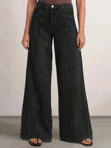 New Fashion Women Loose Fit Elastic Waist Wide Leg Jeans, High Quality Casual Clothing - 黑色 - 查看 3