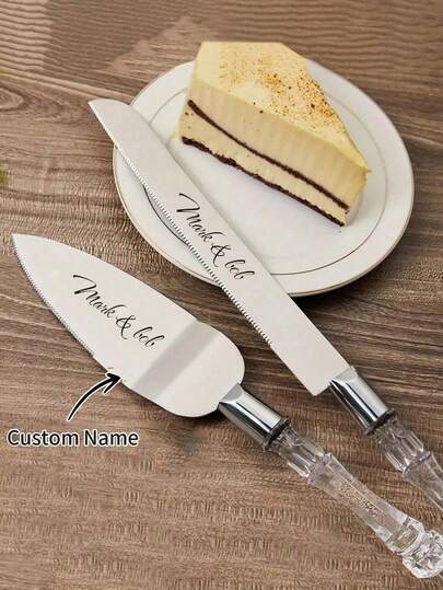 2pcs Personalized Stainless Steel Engraved Cake Knife Set, Custom Crystal Handle Cake Cutting Tool For Wedding, Pizza And Cheese Cutting, Baking Tools, Stainless Steel Cake Knife With Engraving, Knife Length 13.2 Inches/33.5cm, Spatula Length 10.8 Inches/27.5cm, Wedding Cake Knife And Server Set, Cake Cutting Set For Wedding, Stainless Steel Fashionable, Cute, Colorful Customized, Personalized, Unique Ideal Gift For Friends, Family, Office