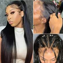 Tóc giả ren toàn bộ bằng tóc thật, tóc giả ren phía trước trong suốt, mật độ 150, tóc thẳng, tóc giả ren toàn bộ đã được tỉa sẵn, tóc giả làm từ tóc người Brazil dành cho phụ nữ. - Natural Black - Xem 5