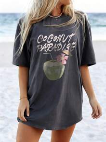 Women's Summer New Simple Slogan Print Casual Vacation Loose Fit Round Neck Short Sleeve T-Shirt, Fashionable Everyday Top, Suitable For Daily And Vacation Wear. Women's T-Shirt Top. - Dark Grey - View 1