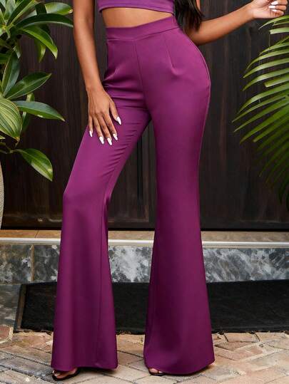 女士紫色高腰喇叭裤，修身显瘦喇叭裤，适合派对、晚宴、办公场合穿着