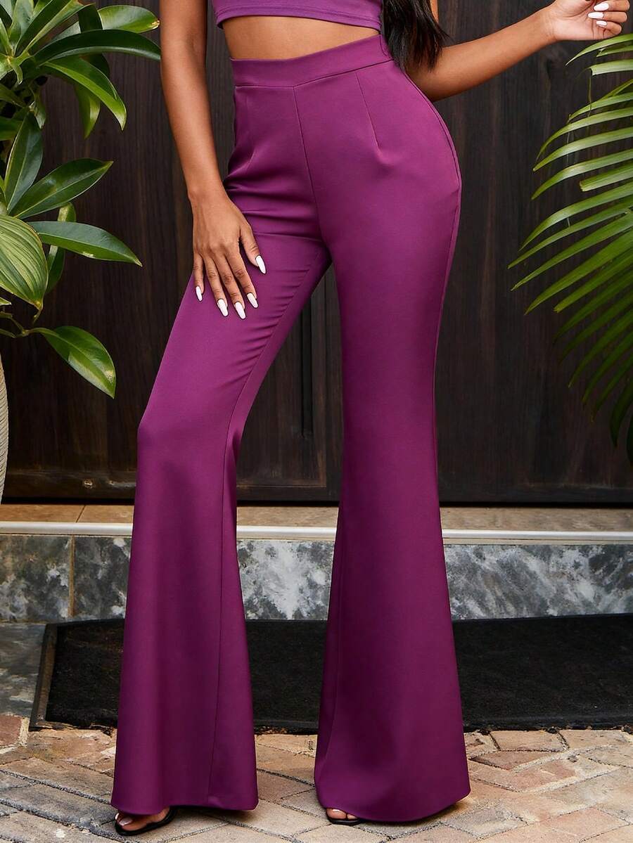女士紫色高腰喇叭裤，修身显瘦喇叭裤，适合派对、晚宴、办公场合穿着 - 紫色 - 查看 1