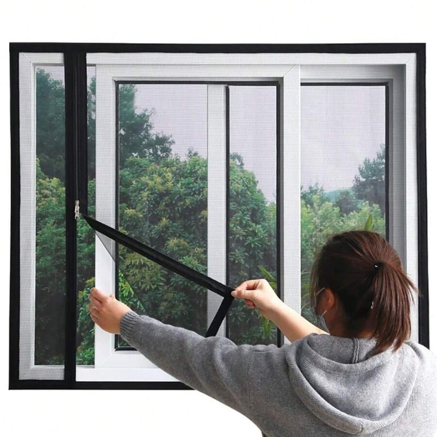 Màn chống muỗi màu đen, kích thước tùy chỉnh, lưới chống muỗi tự dính, màn chống muỗi gia đình dạng khóa kéo.