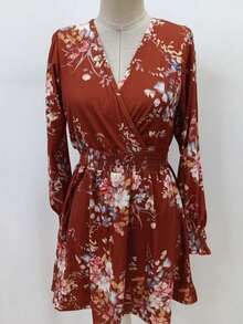 Women's Long-Sleeved, Wrap-Neck, Floral Print Mini Dress , 30775 - Multicolor - View 3