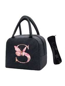 Pink Butterfly & Letter Pattern Insulated Lunch Bag, Thermal Lunch Box, Suitable For Students, Office, Camping, Picnic, School, University, Lightweight Portable Canvas Lunch Storage Bag - Multicolor - View 22