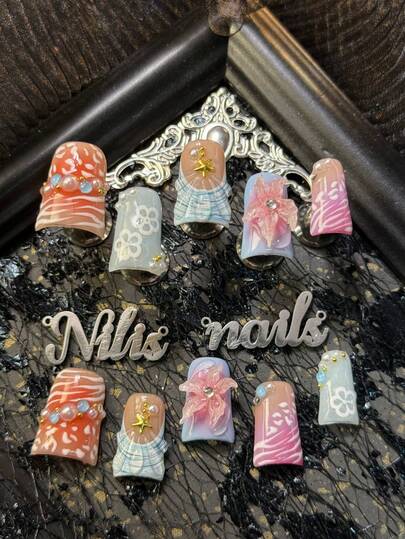 10pcs Handmade Fully Covered Short Duck Nails Acrylic Kit, Transparent Macaron Nails In Multiple Colors, Short Press On Nails, Cherry Blossom Powder And Grapefruit Red With Light Blue And Purple Pink Gradient, Milky White With Gilded And Light Blue/Pink Embellishment, Hand Drawn Zebra And Leopard Print, Flower Pattern