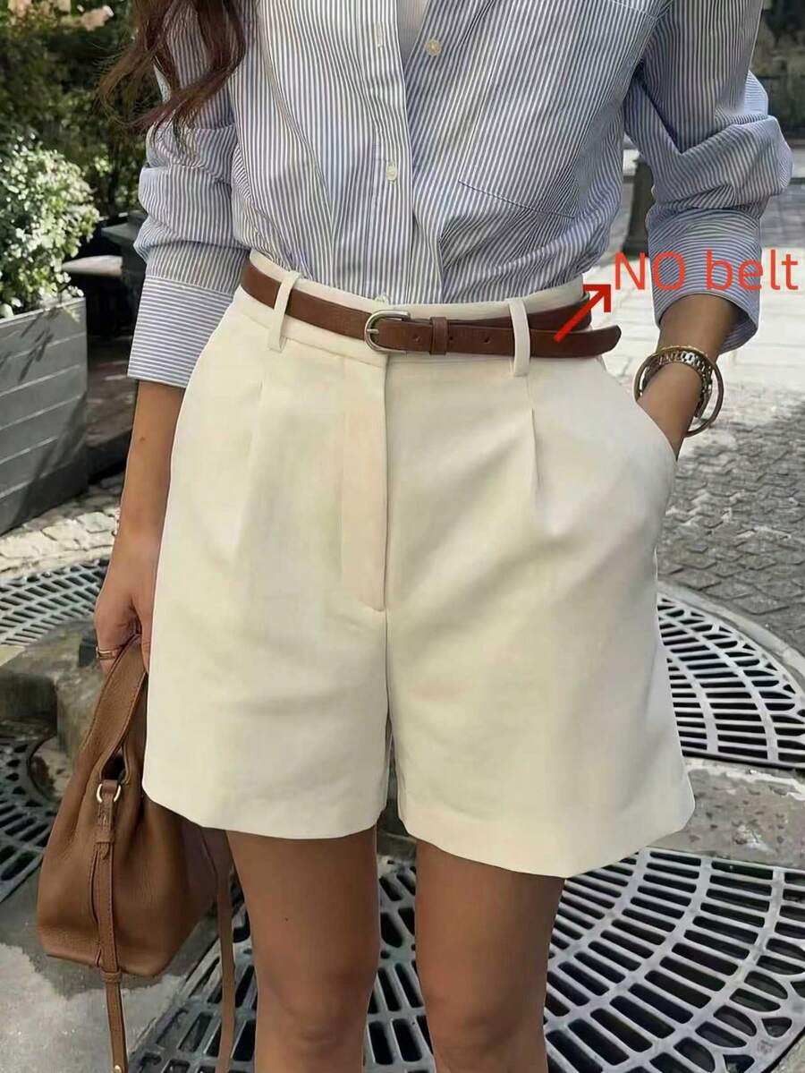 Buzzelle Solid Color High Waist Shorts, Suitable For Commuting And Spring/Summer Vacation, Matching Casual For Valentine's Day - Apricot - View 1