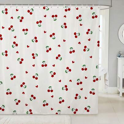 1件装现代简约樱桃图案浴帘，简约可爱樱桃印花浴帘，适用于各种房间浴室装饰、浴室隔断配件、浴缸浴帘
