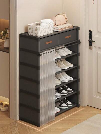 1pc Multi-Tier Shoe Rack With Curtain, Shoe Cabinet, Storage & Display Shelf With Drawer, High Capacity Shoe Organizer, Suitable For Indoor & Outdoor Use, Entryway, Home, Holiday Gift, Christmas Gift, Children's Gift