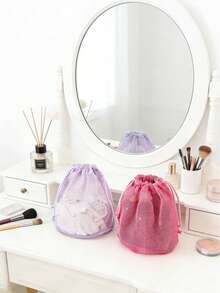 1pc Lightweight Breathable Drawstring Cosmetic Bag, Large Capacity Makeup Organizer Box, Portable Cotton Soft Towel Toiletry Travel Pouch, Multi-Functional Drainage Breathable Drawstring Bag - Multicolor - View 4