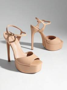 Women Platform 5.75'' Ultra High Heeled Sandals 2026 New Summer Open Toe Adjustable Ankle Strap Dress Shoes Sexy Party Runway Stiletto Heels - Màu be - Xem 2