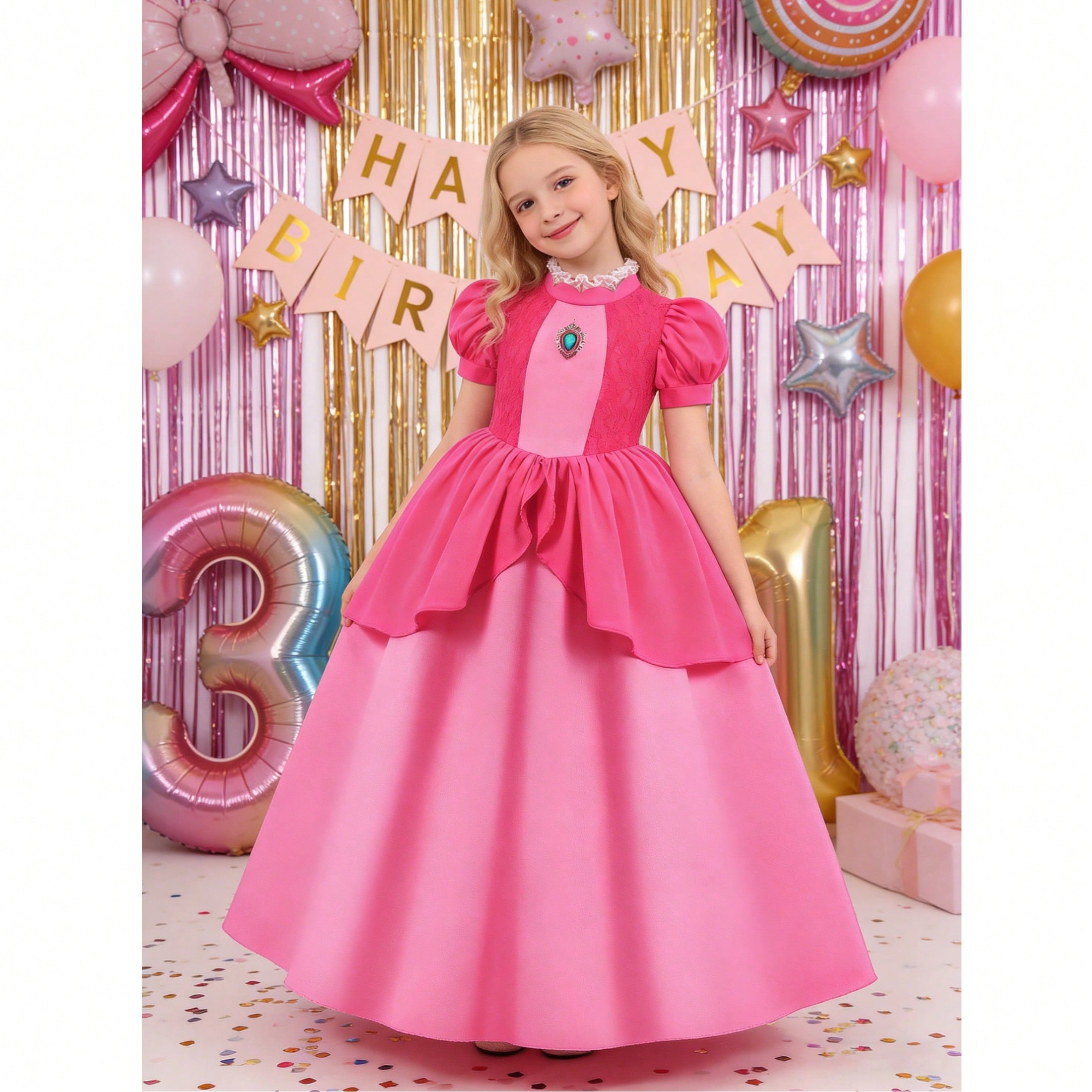 Vestido elegante de niña en color fucsia con mangas abullonadas de encaje, vestido formal para niña, vestido casual para niña, vestido de noche par