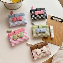 2026 New Arrival Cute Bow Decor Wallet Women Short Slim 2-In-1 Card Holder & Coin Purse Fresh Style For Women Wallet Mini Wallet Purse Wallet Small Wallet Cute Wallet Cute Things Money Wallet Travel Essential Summer Checkered - Multicolor - View 11