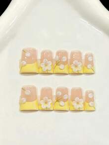 10片中号鸭嘴/喇叭形手工美甲贴片，适合派对和日常佩戴，奶黄色，白色小花，适合春夏，闪亮耀眼，易于佩戴。10片Y2K风格手工美甲贴片，闪亮耀眼，适合女孩和女士参加节日派对和日常佩戴。 - 黃色 - 查看 2