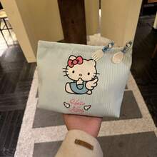 SANRIO 1 túi đựng mỹ phẩm, túi đựng đồ trang điểm kẻ sọc xanh dễ thương, túi đựng mỹ phẩm cầm tay hình mèo hoạt hình, không kèm kẹp tóc. - Nhiều màu - Xem 3