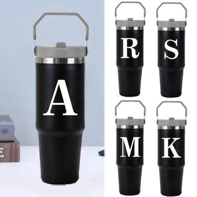 30oz Water Bottles Stainless Steel Insulated Tumbler With Carry Handle Double Walled Leak Proof Fits Most Cup Holder Water Cup With Lid And Straw For Gym Home Office Travel A-Z Letters White Pattern