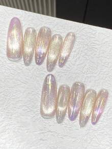 10件裝彩色亮片貓眼漸層橢圓形美甲貼片 春夏日常貓眼漸層溫柔優雅極簡美甲 適合約會、仙女風與外出穿戴式美甲 手工穿戴式美甲 - 彩色 - 查看 1